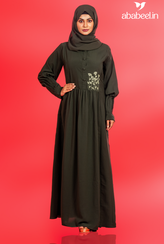 Olive Hand-Embroidered Daily Wear Abaya