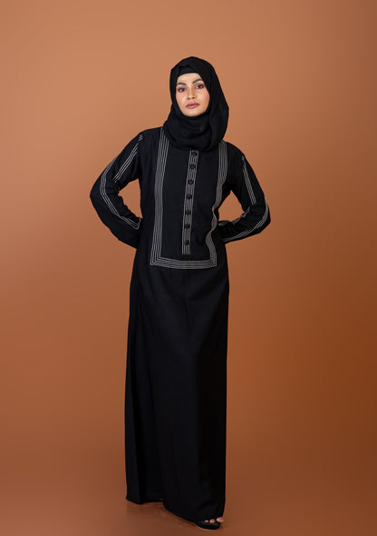 Black Abaya with Contrast Anchor Stitch in Yoke