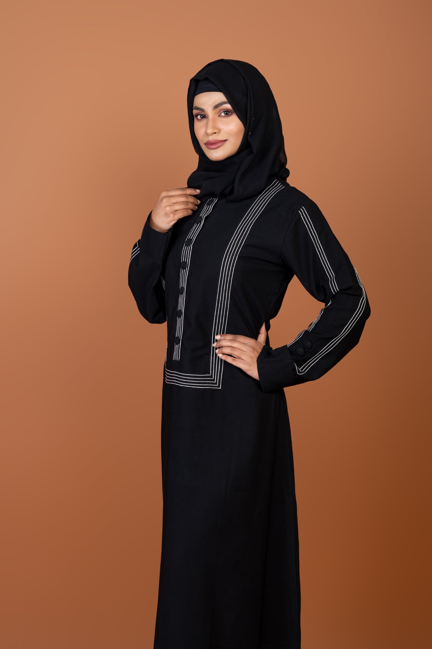 Black Abaya with Contrast Anchor Stitch in Yoke