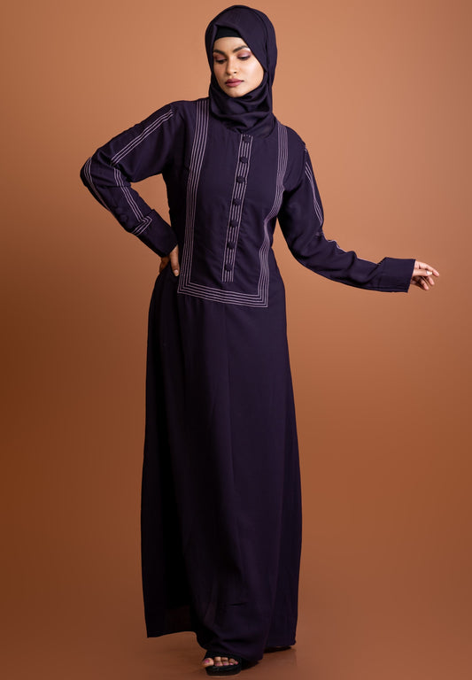 Deep Purple Abaya with Contrast Anchor Stitch in Yoke