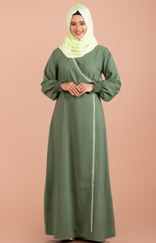 Exquisite Hand-Embroidered Light Olive Premium Party Wear Abaya