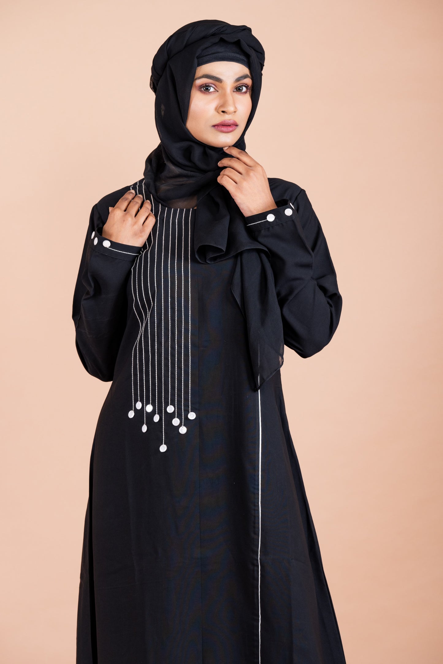 Modest Sequin Abaya with Contrast Anchor Stitch Detail