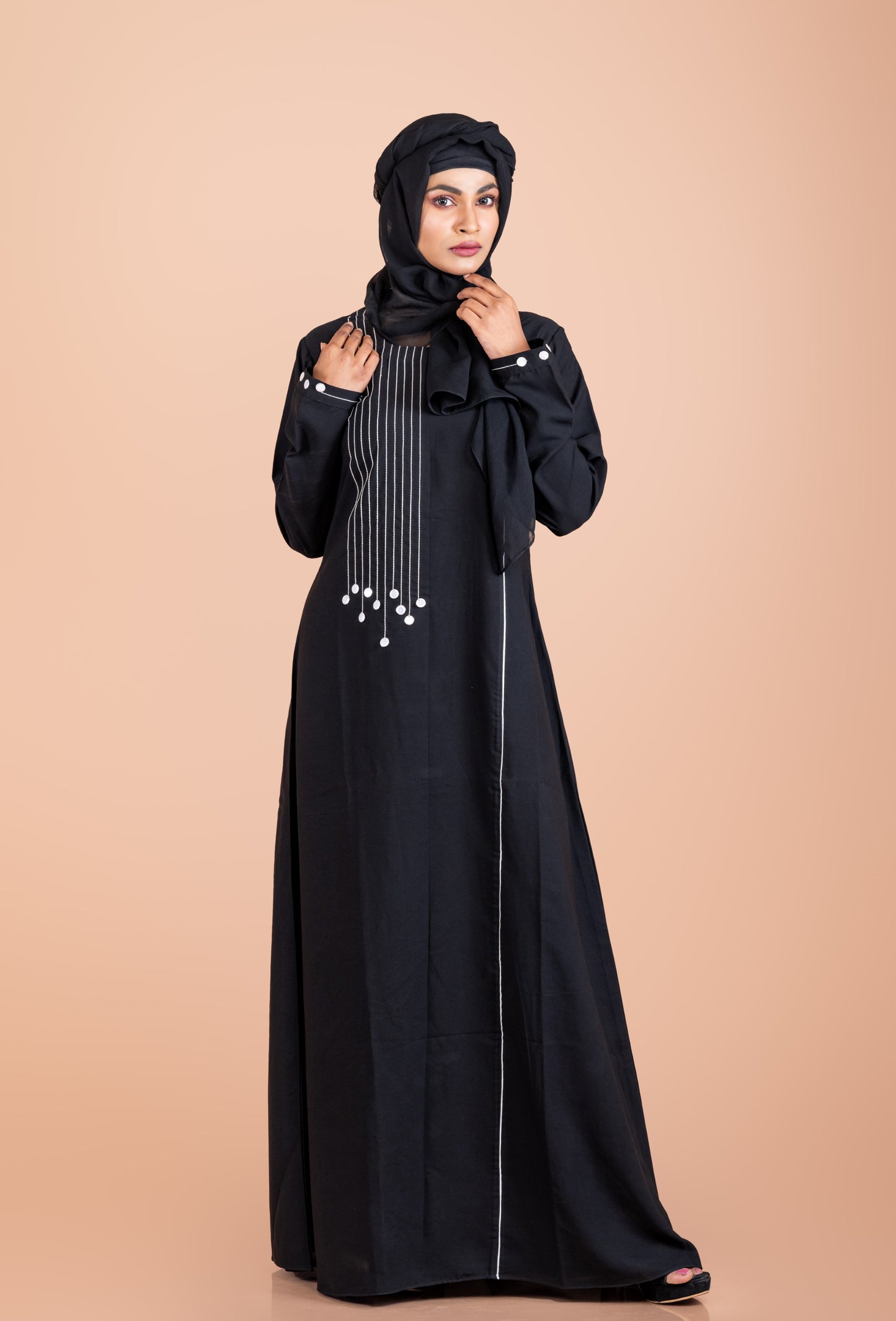 Modest Sequin Abaya with Contrast Anchor Stitch Detail