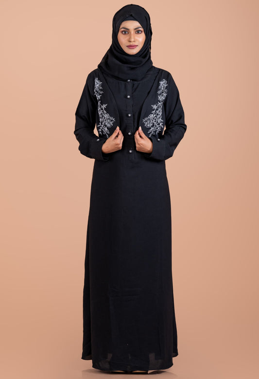 Hand-Embroidered Black Abaya with Jacket-Style Flap