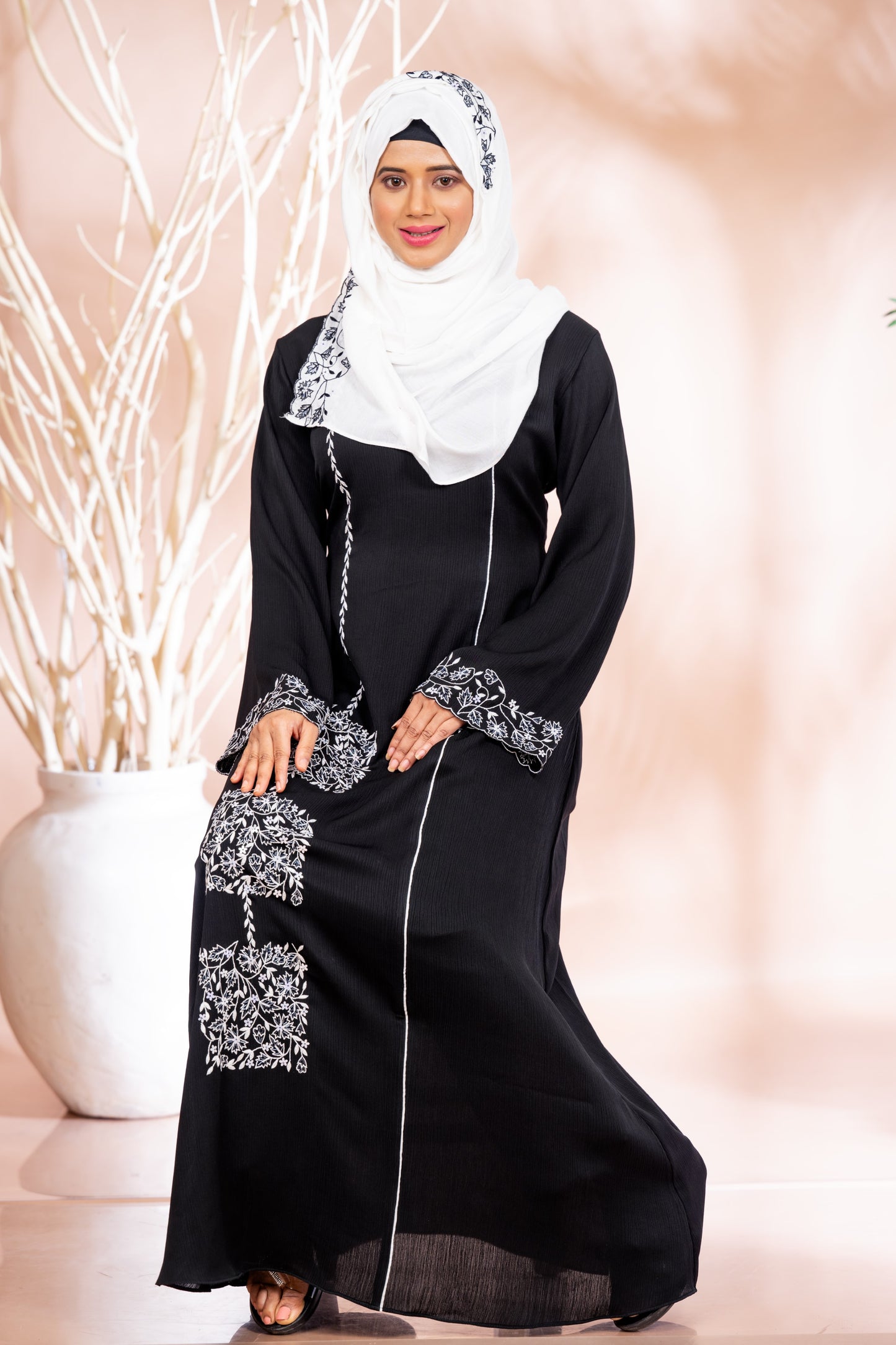 Luxurious Hand-Embroidered Abaya with Premium White Muslin Stole