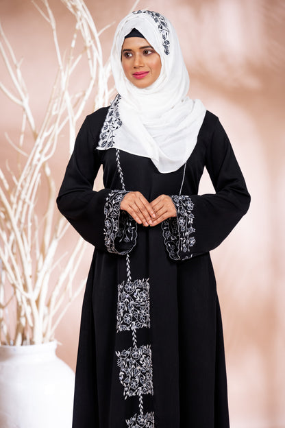 Luxurious Hand-Embroidered Abaya with Premium White Muslin Stole