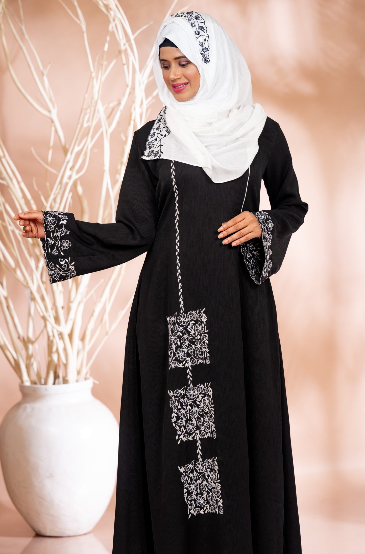 Luxurious Hand-Embroidered Abaya with Premium White Muslin Stole