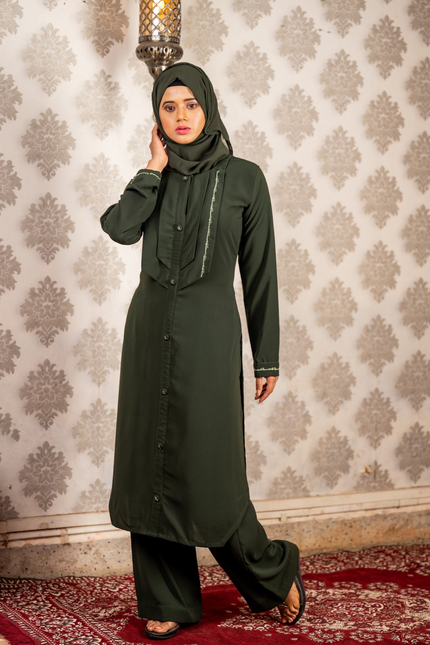 Modest Wear Co-Ord Set with Matching Hijab and Hand-Embroidered Details