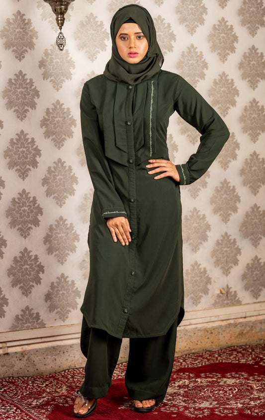 Modest Wear Co-Ord Set with Matching Hijab and Hand-Embroidered Details